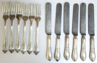 Antique Set Of 12 Silver Plated Argentor Flatware - 6 Forks And 6 Knives