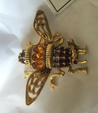 Joan Rivers Crystal & Enamel Antiqued Bee Pin Brooch Goldtone Purples
