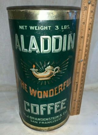 Antique Aladdin Coffee Tin Litho 3lb Tall Can Genie Lamp San Franciso Ca Grocery