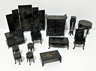 Vintage Formal Chinese Dollhouse Furniture - 13 Piece Set - Gold Black Lacquer