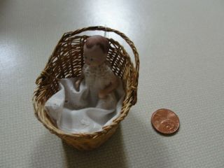 Antique Doll House Miniature Porcelain Baby Doll 2.  25 " In Basket Arms/legs Move