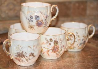 5 Antique Limoges France Martial Redon (mr) Floral Yellow Gold Teacups Assorted