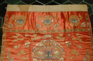 Antique Chinese Red Silk Embroid Altar Cloth - Couched Bats,  Forbidden Stitch Flowe 3