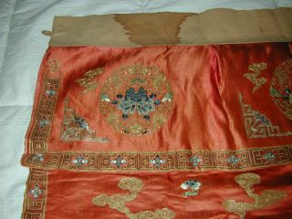 Antique Chinese Red Silk Embroid Altar Cloth - Couched Bats,  Forbidden Stitch Flowe 4