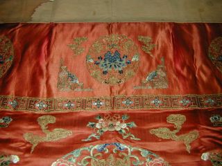 Antique Chinese Red Silk Embroid Altar Cloth - Couched Bats,  Forbidden Stitch Flowe 5