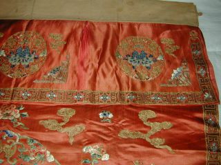 Antique Chinese Red Silk Embroid Altar Cloth - Couched Bats,  Forbidden Stitch Flowe 6