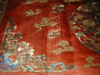 Antique Chinese Red Silk Embroid Altar Cloth - Couched Bats,  Forbidden Stitch Flowe 7