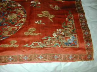 Antique Chinese Red Silk Embroid Altar Cloth - Couched Bats,  Forbidden Stitch Flowe 8