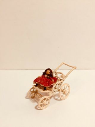 Vintage Dollhouse Fine Miniature Victorian Baby Doll Carriage Stroller W/ Figure