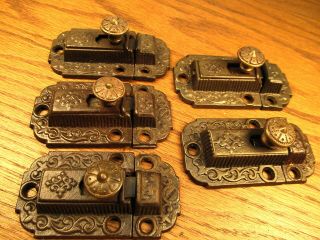 5 Matching 1871 Cupboard Latches.  " As Found " Brass Knobs.  Ornate Detail