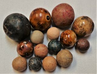 15 Antique Handmade Clay And Bennington Marbles.