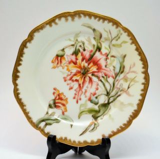 Antique Haviland Limoges France Bone China Handpained Red Flowers 7 1/4 " D Plate