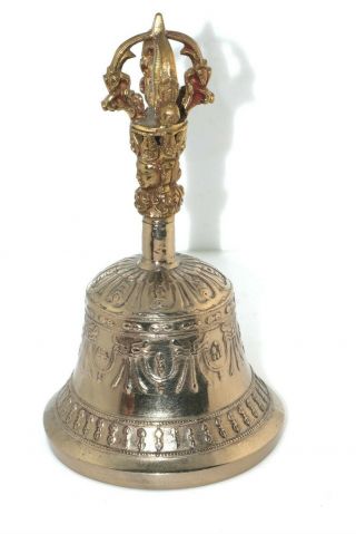 Antique Tibetan Prayer Ritual Bell Crown Buddha Brass Bronze