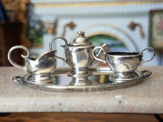 Antique French Dollhouse Miniature Silver Victorian Tea Set 1:12 2
