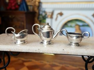 Antique French Dollhouse Miniature Silver Victorian Tea Set 1:12 3