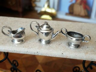 Antique French Dollhouse Miniature Silver Victorian Tea Set 1:12 4