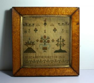 Antique American Sampler 1824 Elizabeth Kinston Period Birdseye Maple Frame