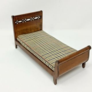 Vintage Dollhouse Miniature Shackman Wood Bed And Plaid Mattress
