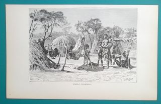 South Africa Bushmen Encampment Village Bushmer - 1890s Antique Print Engraving