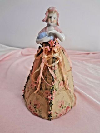 Sweet Vintage Porcelain Half Doll Figurine Ribbonwork Garlands Vtg Rose Fabric