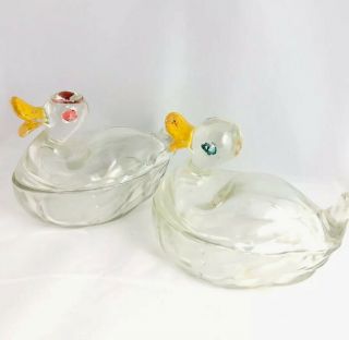 Two Antique 1940s Jeanette Clear Glass Duck Covered Candy Dishes Baby Boy Girl