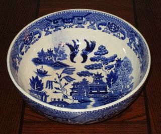 Antique Blue Willow Large 9 1/2 Inch Diameter 3 3/4 Inches Deep Serving Bowl