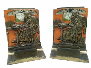 Antique " Knowledge " Art Deco Figural Bookends By Pompeian Bronze Co.  Circa 1925
