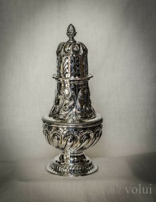 Large Antique Victorian Embossed Solid Silver Sugar Caster London 1896
