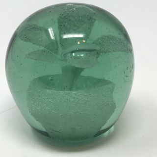Antique Victorian Green Glass 3.  5 " Dump Paperweight Air Bubble Flower England