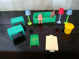 11 Vintage Marx/blue Box Plastic Dollhouse Acessories: Lamps,  Tables,  Tray Etc