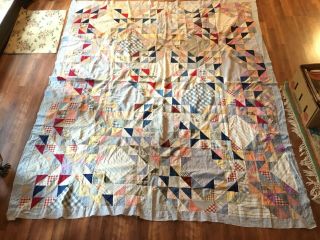 C1940 Ocean Waves Quilt Top Antique Gingham‘s Stripes Hand Made Stitched 73x88
