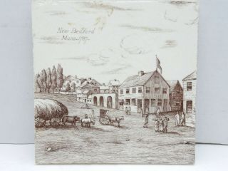 Antique Brown Transfer Ware Minton Signed Tile Bedford Massachusetts 1787