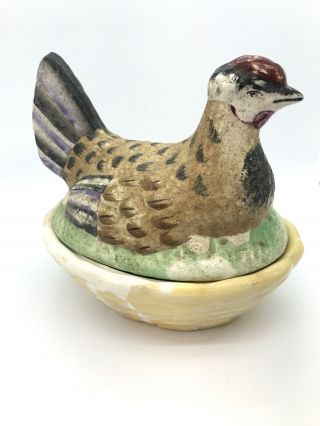 Antique Staffordshire Hand Painted Bisque Hen - On - A - Nest Covered Dish