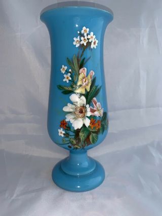 Victorian Blue Bristol Glass Vase With Hand Painted Flowers 7.  5”