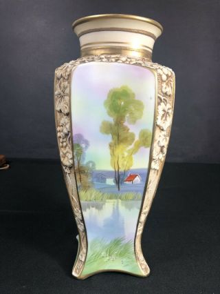 10 1/2” Antique Nippon Vase Hand Painted Landscapes 4 Sides Trees Filigree