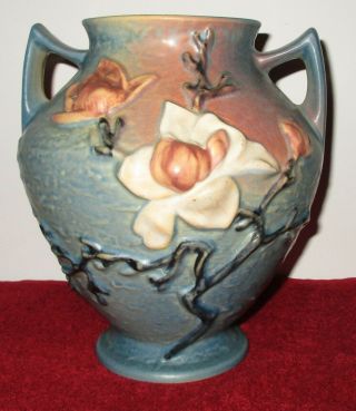 Antique Roseville Pottery 2 Handle Magnolia Blue Large Vase 92 - 8 "