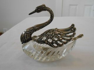 Vintage Sugar Bowl Cellar Spoon Crystal Swan & Roses Silverplate Moveable Wings