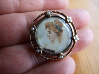 Antique Victorian Hand Painted Lady Miniature Natural Pearls Brooch
