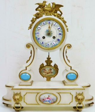 Antique French 8 Day Striking Marble & Gilt Scroll Pillar Portico Mantel Clock