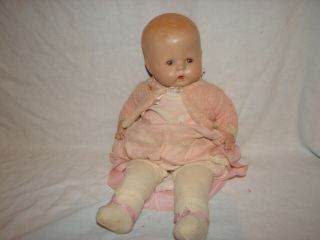 Vintage Composition Head 17 Inch Doll Soft Stuffed Body Blue Tin Sleep Eyes