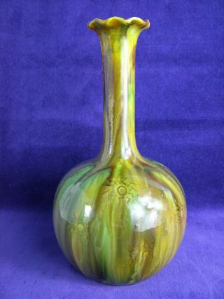 Antique Victorian Art Pottery Vase Burmantofts Streaky Green Glaze In Good Cond