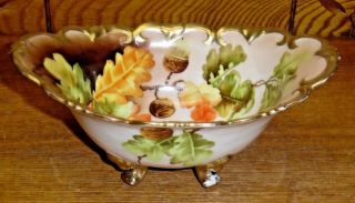 Antique P.  H.  Leonard Ny Porcelain Footed Bowl - Leaf & Acorn - Vienna Austria