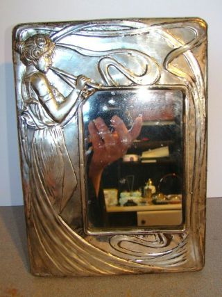 Antique 900 Silver Art Nouveau Woman Lady Framed Mirror