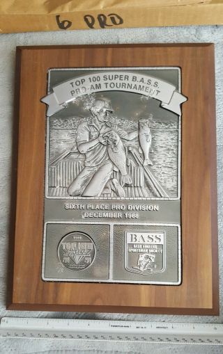 Vintage B.  A.  S.  S.  Fishing Trophy Plaque: 6th place 1988 Top 100 BASS Pro - Am 3