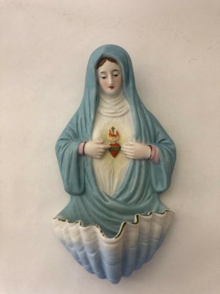 Antique Bisque German Porcelain Mary Mother Sacred Heart Wall 7” Holy Water Font