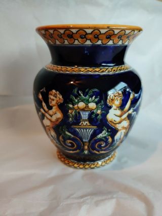 Merman Renaissance Gien France.  Antique Vase.  Gold And Blue