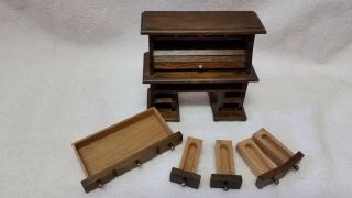 Doll House Miniature Furniture ROLL TOP DESK Dark Wood Top & 5 Drawers 4