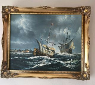 Two Antique Galleons On A Turbulent Sea Oil Painting Of Sailing Ships