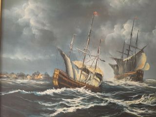Two Antique Galleons On a Turbulent Sea Oil Painting Of Sailing Ships 2