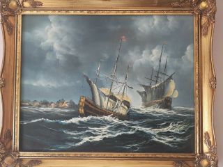 Two Antique Galleons On a Turbulent Sea Oil Painting Of Sailing Ships 3
